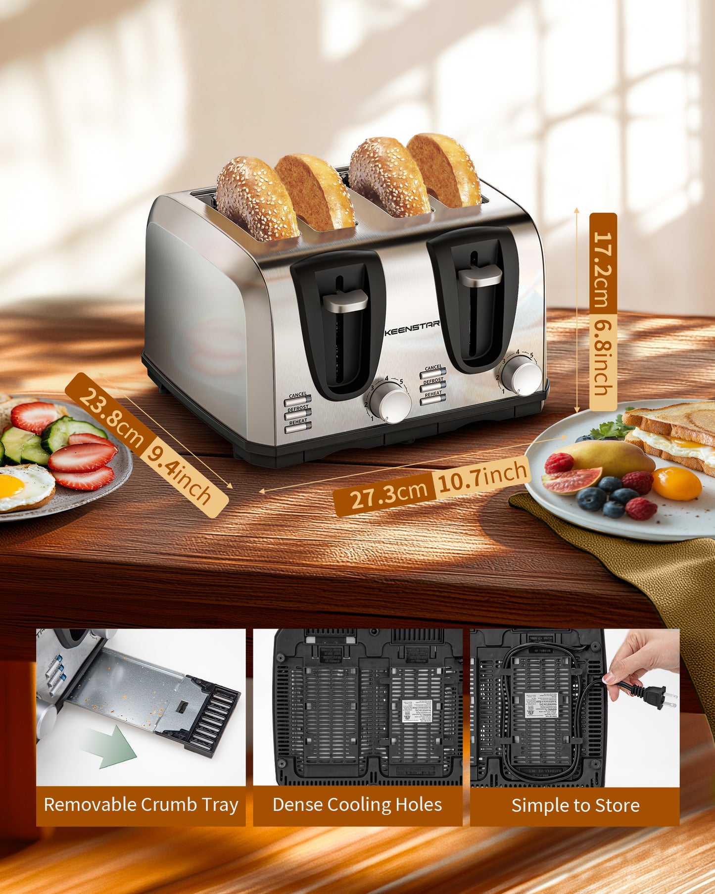 Toaster 4 Slice, Bread Toaster with Dual Control Panels Extra-Wide Slot of Bagel/Defrost/Cancel Function, 7 Toasting Bread Shade Settings, Removable Crumb Trays, Auto Pop-Up, Stainless Steel
