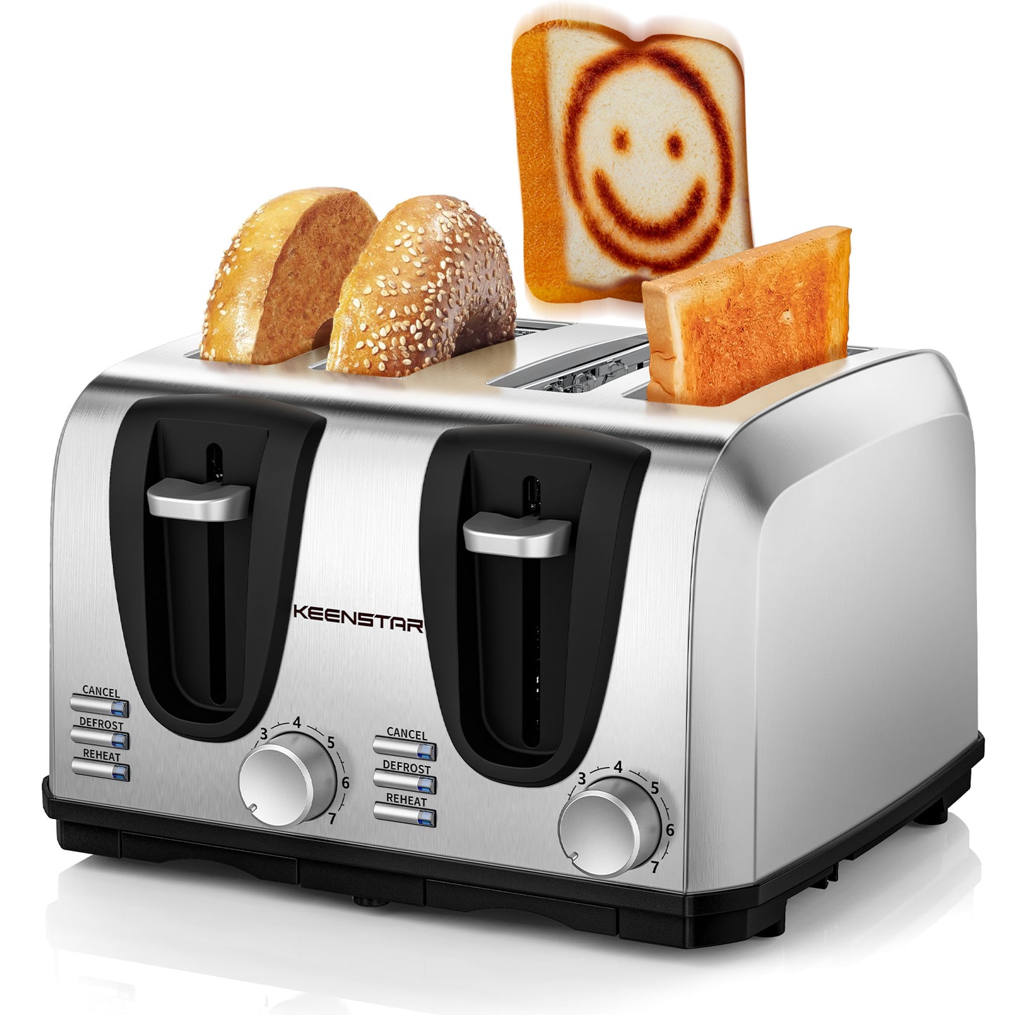 Toaster 4 Slice, Bread Toaster with Dual Control Panels Extra-Wide Slot of Bagel/Defrost/Cancel Function, 7 Toasting Bread Shade Settings, Removable Crumb Trays, Auto Pop-Up, Stainless Steel