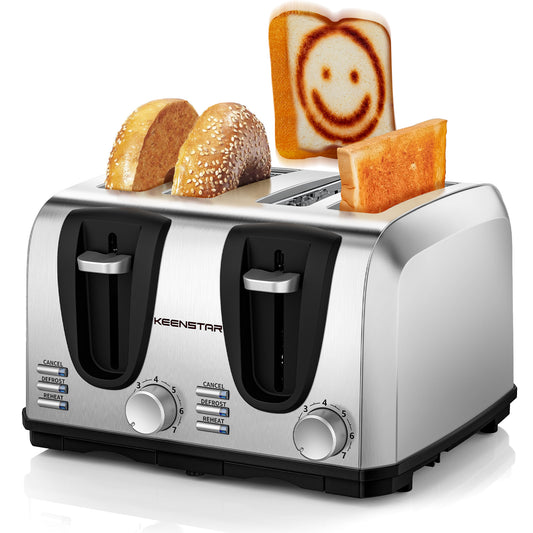 Toaster 4 Slice, Bread Toaster with Dual Control Panels Extra-Wide Slot of Bagel/Defrost/Cancel Function, 7 Toasting Bread Shade Settings, Removable Crumb Trays, Auto Pop-Up, Stainless Steel