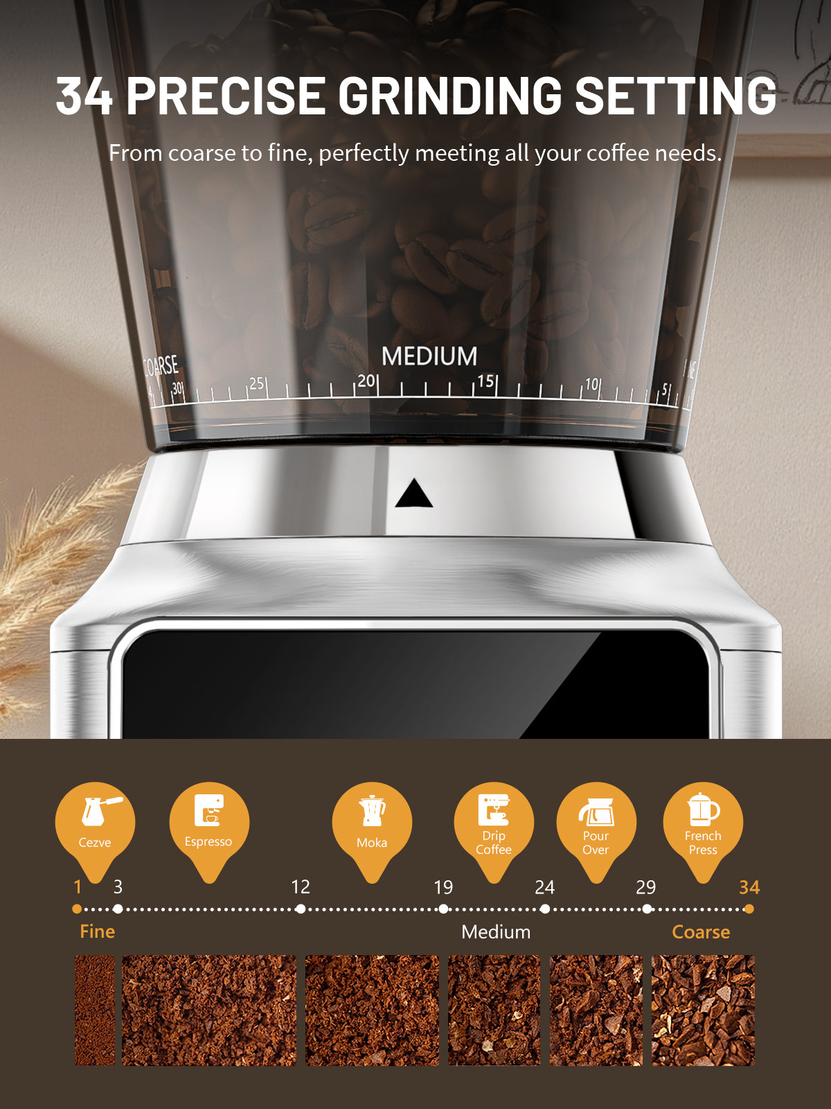 Conical Burr Coffee Grinder, Coffee Bean Grinder with 34 Grind Settings for Home Use, Precision Timer, Touchscreen, Anti-static, Stainless Steel