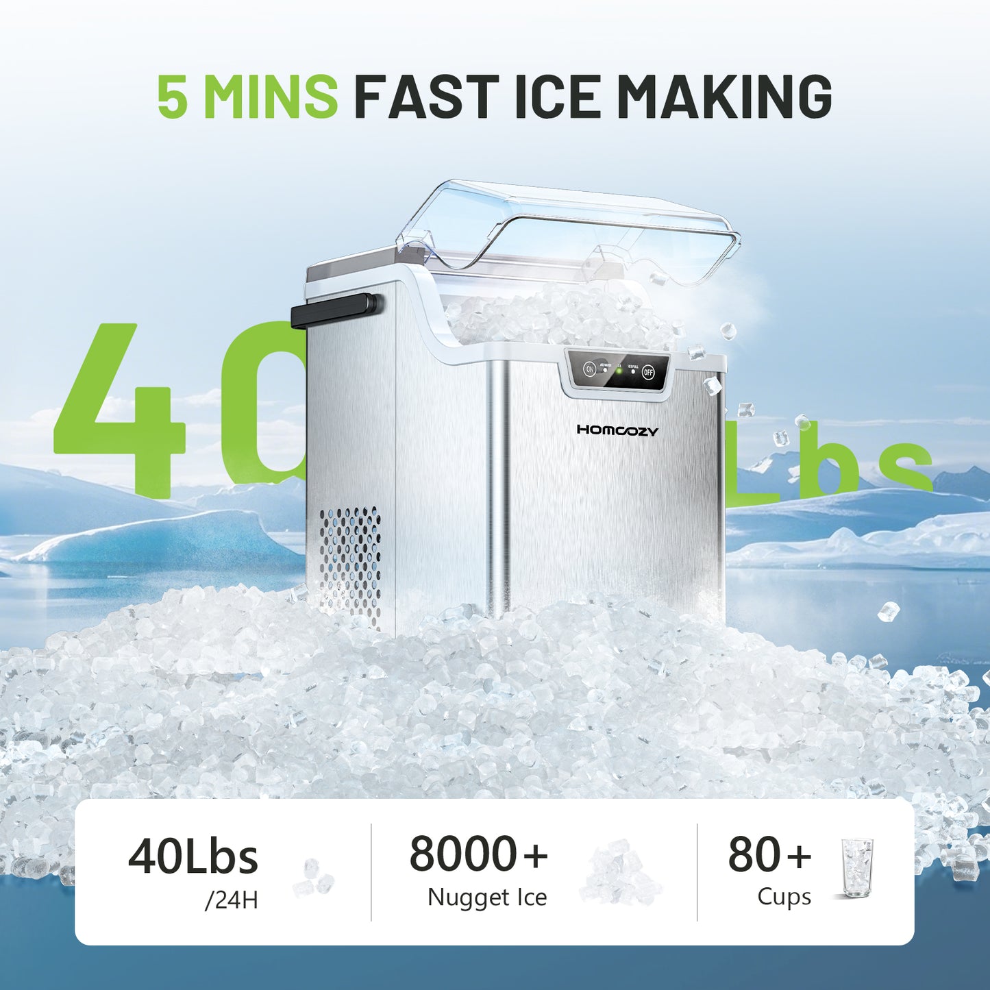 Nugget Countertop Ice Maker with Soft Chewable Ice, 40lbs/24H Pebble Ice Machine for Home/Party/RV/Camping with Basket and Scoop, Auto-Cleaning