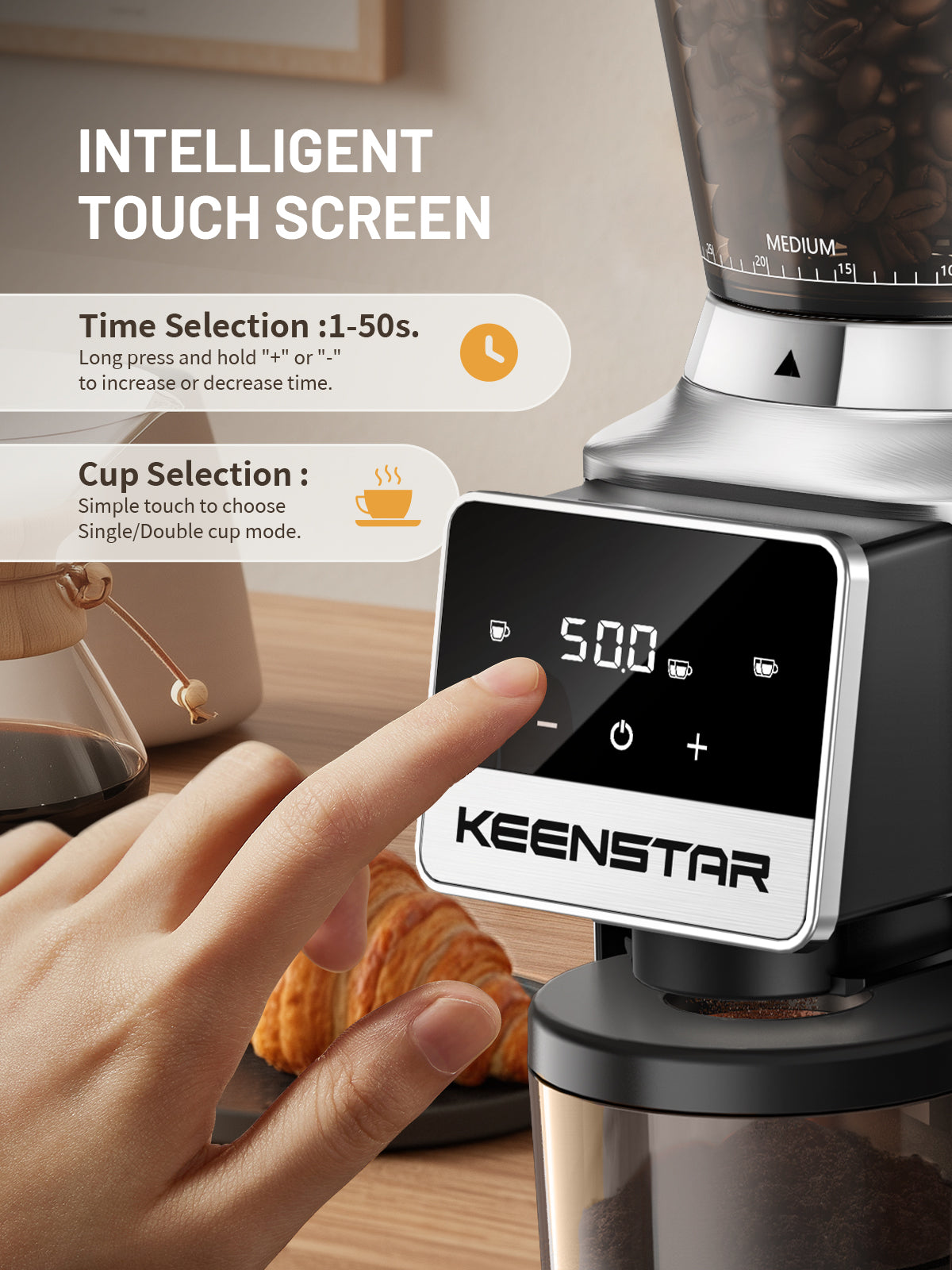 Conical Burr Coffee Grinder, Coffee Bean Grinder with 34 Grind Settings for Home Use, Precision Timer, Touchscreen, Anti-static, Stainless Steel