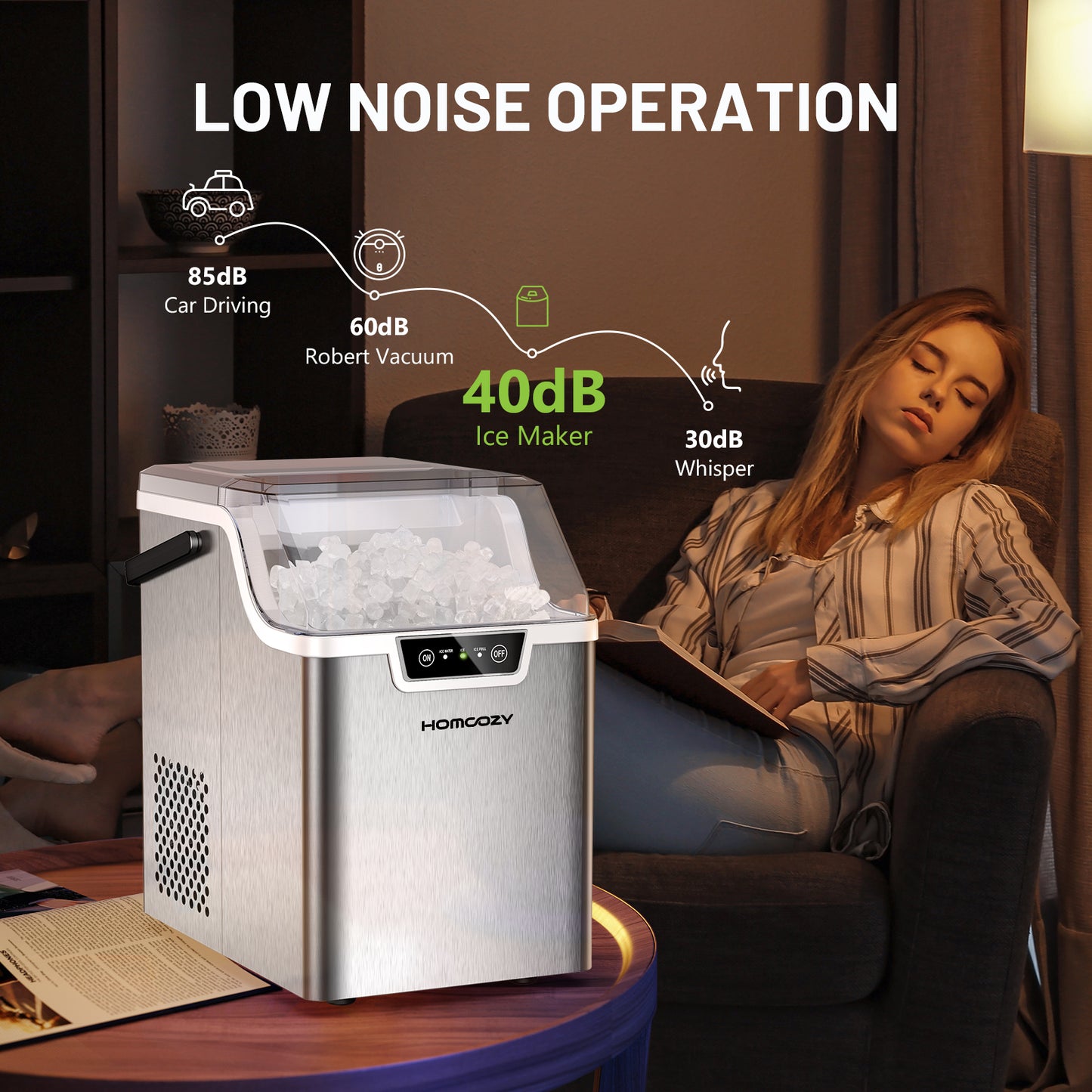 Nugget Countertop Ice Maker with Soft Chewable Ice, 40lbs/24H Pebble Ice Machine for Home/Party/RV/Camping with Basket and Scoop, Auto-Cleaning