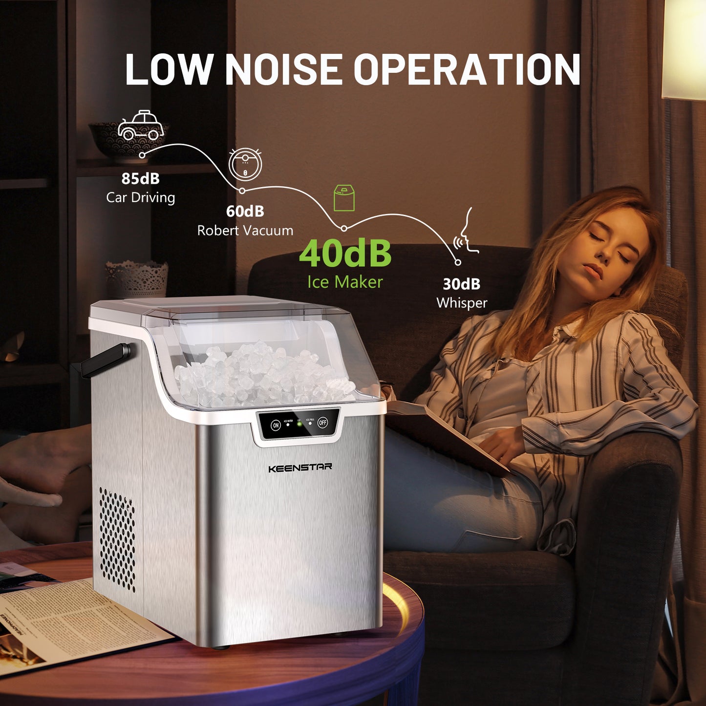 Nugget Countertop Ice Maker with Soft Chewable Ice, Pebble Sonic Ice Machine with Basket and Scoop, Ready in 5 Mins, 40Lbs/24H, Auto Self-Cleaning, for Home, Kitchen, Office, Party, Camping