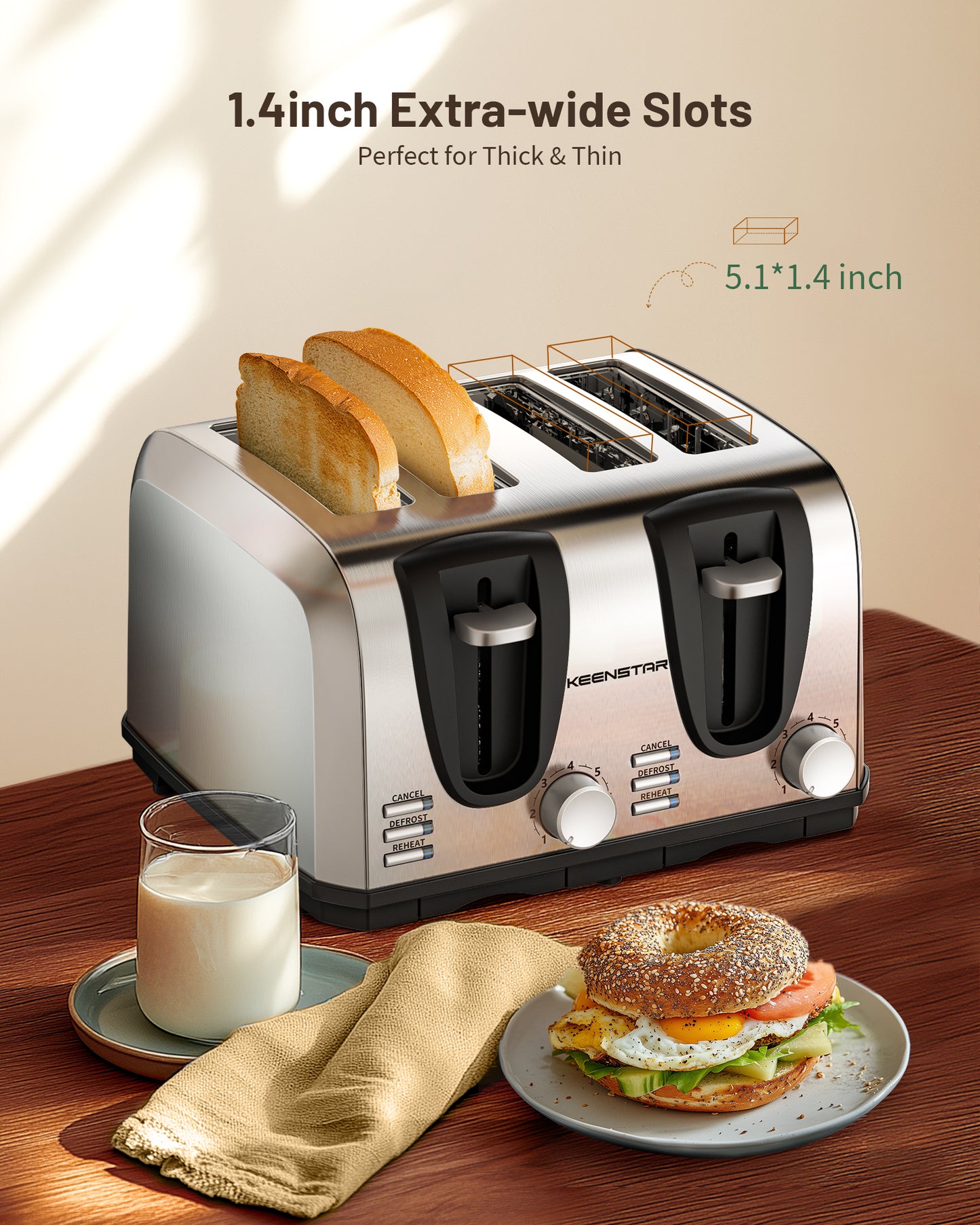 Toaster 4 Slice, Bread Toaster with Dual Control Panels Extra-Wide Slot of Bagel/Defrost/Cancel Function, 7 Toasting Bread Shade Settings, Removable Crumb Trays, Auto Pop-Up, Stainless Steel