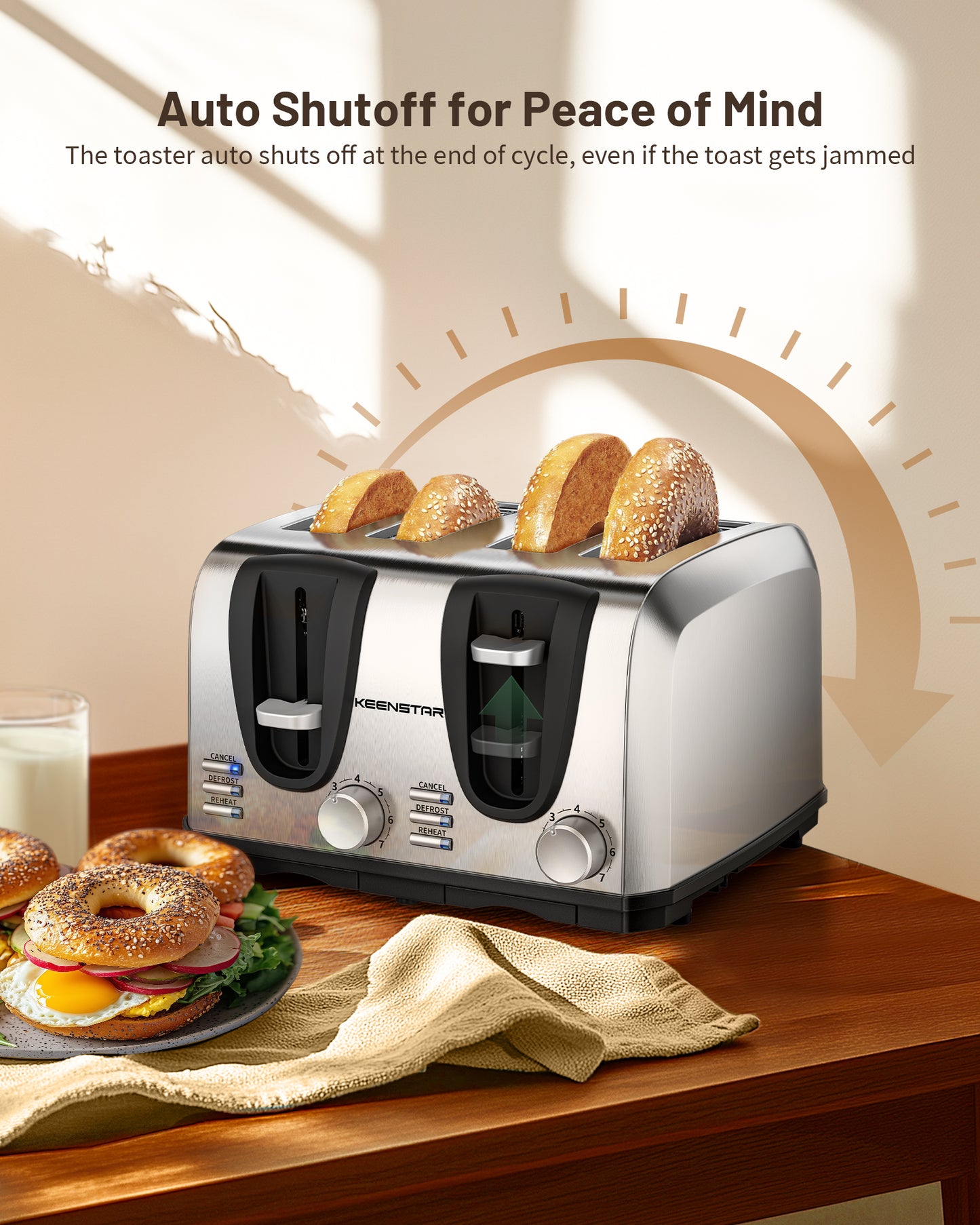 Toaster 4 Slice, Bread Toaster with Dual Control Panels Extra-Wide Slot of Bagel/Defrost/Cancel Function, 7 Toasting Bread Shade Settings, Removable Crumb Trays, Auto Pop-Up, Stainless Steel