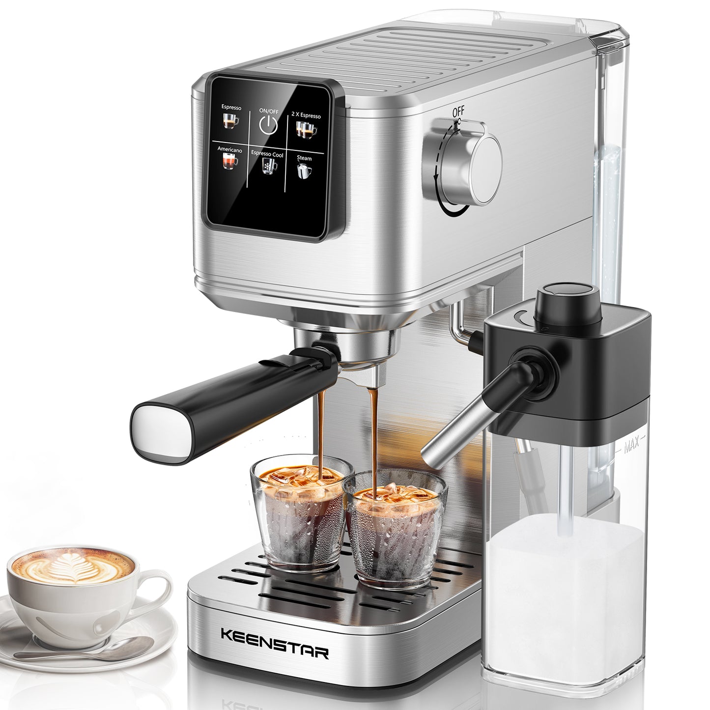 Espresso Coffee Machine with Milk Tank, 20Bar Hot & Iced Coffee Machine with Rapid Cold Brew, Touch Screen Espresso Maker with Steam Wand for Coffee Lover