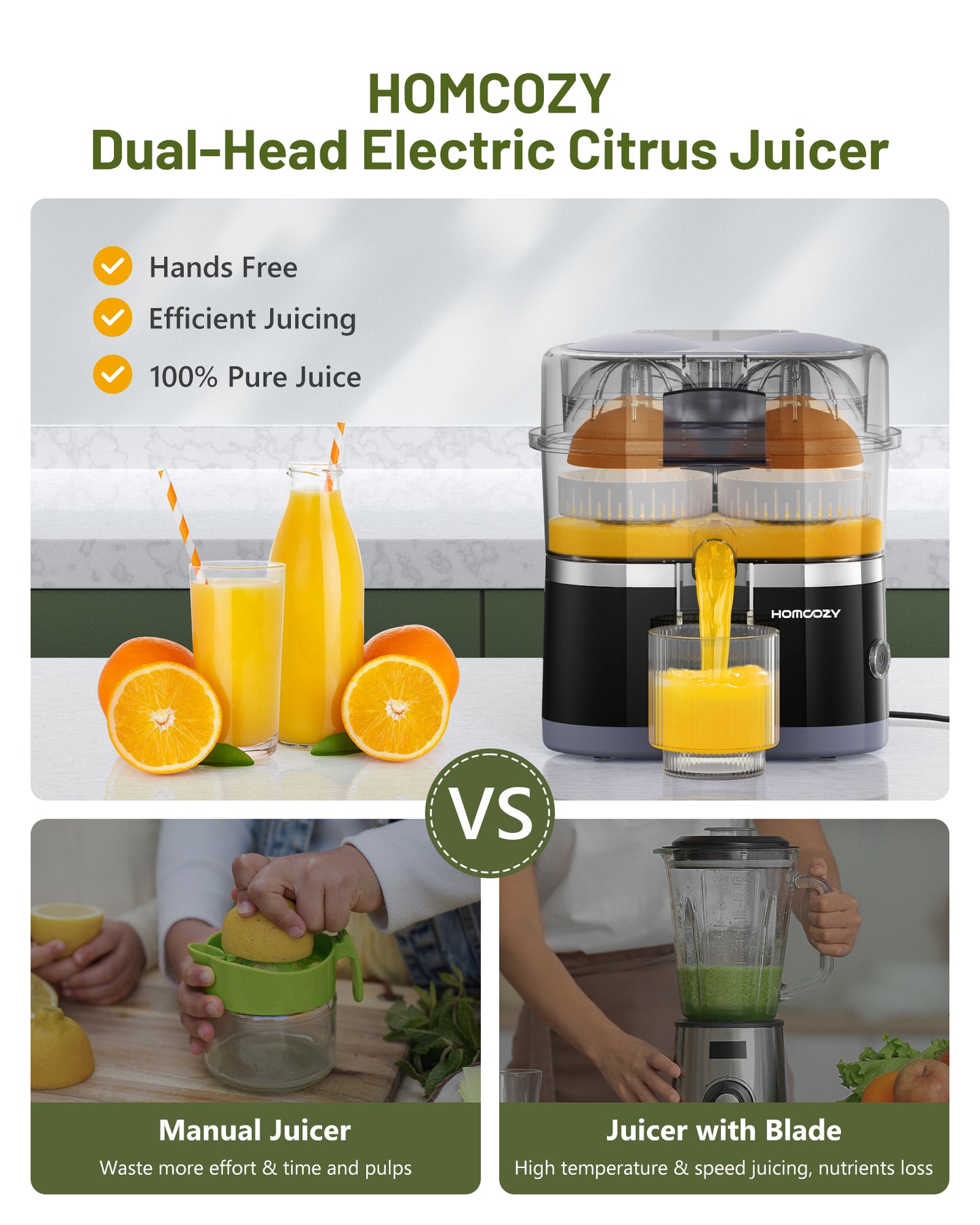Electric Citrus Juicer, Dual-Head Orange Juicer Squeezer, Portable Juicer with Cleaning Brush for Lemon, Grapefruit, High Juice Yield, Easy to Clean, One Touch Operation