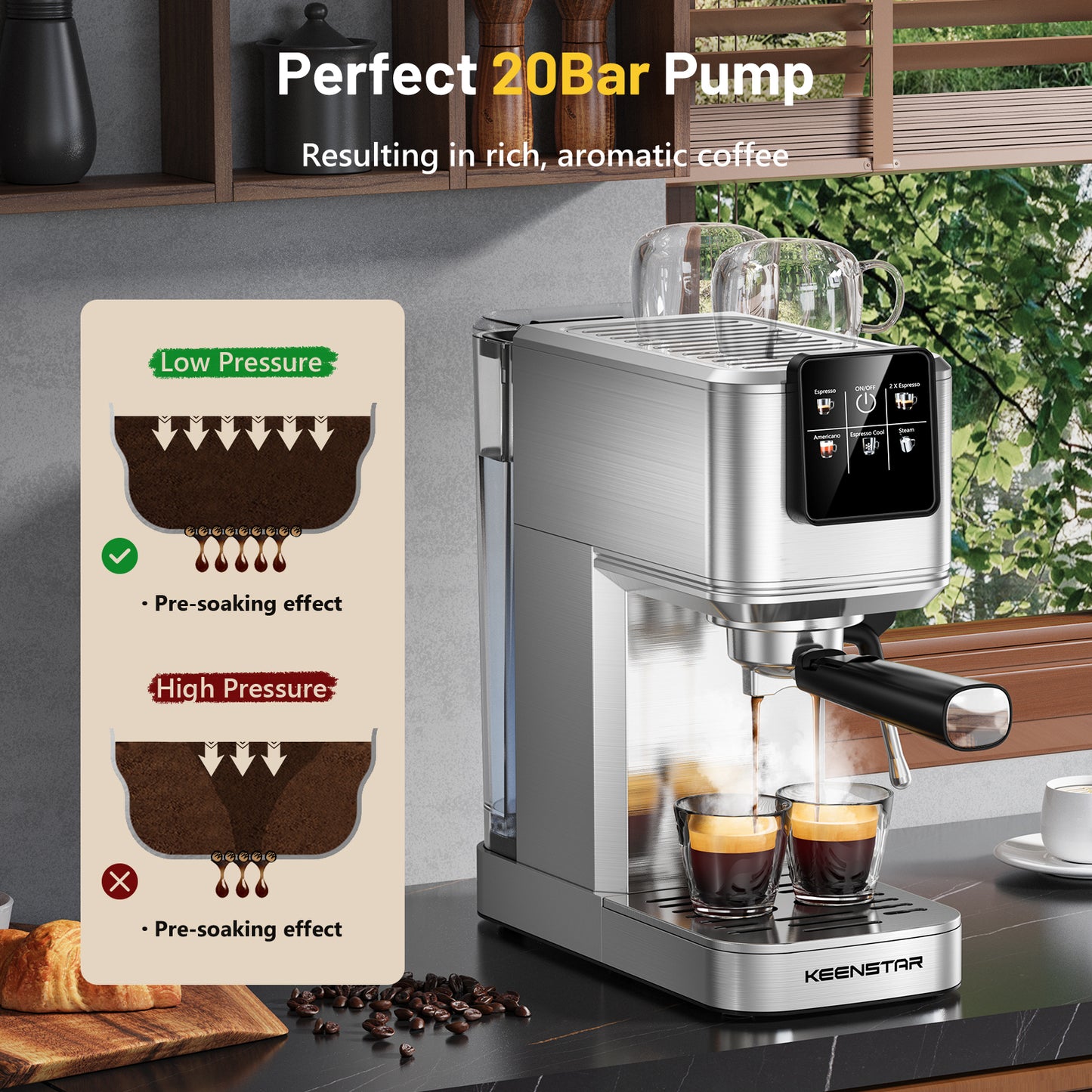 20Bar Espresso Machine with Rapid Cold Brew, Hot & Iced Coffee Makers, Stainless Steel Espresso Maker with Milk Frother Steam Wand, Touch Screen with Water Tank for Latte, Cappuccino, Gift