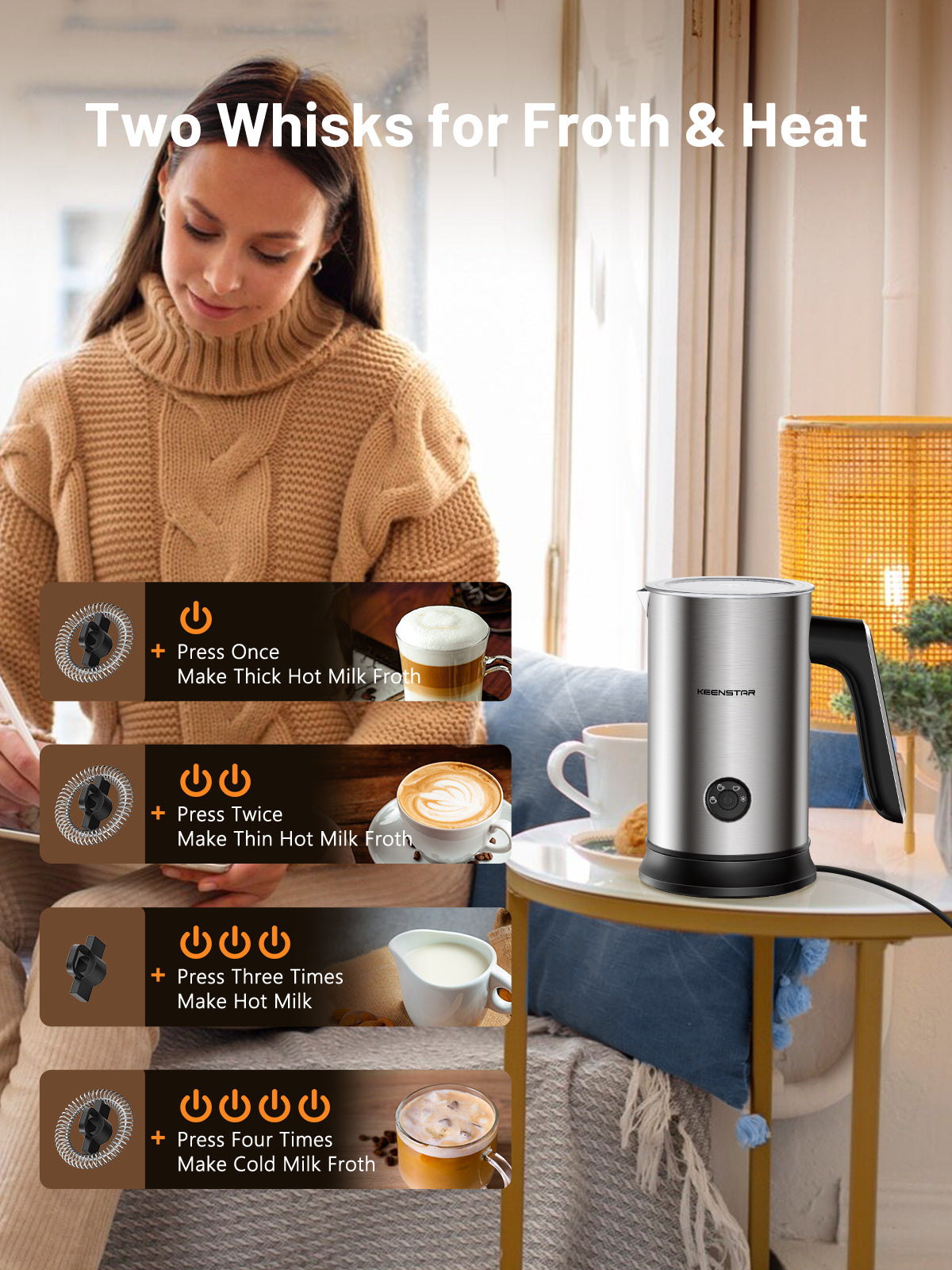 Electric Milk Frother, Automatic Milk Steamer Warm or Cold Foam Maker for Coffee, Cappuccino, Latte, Stainless Steel Milk Warmer with Temperature Controls