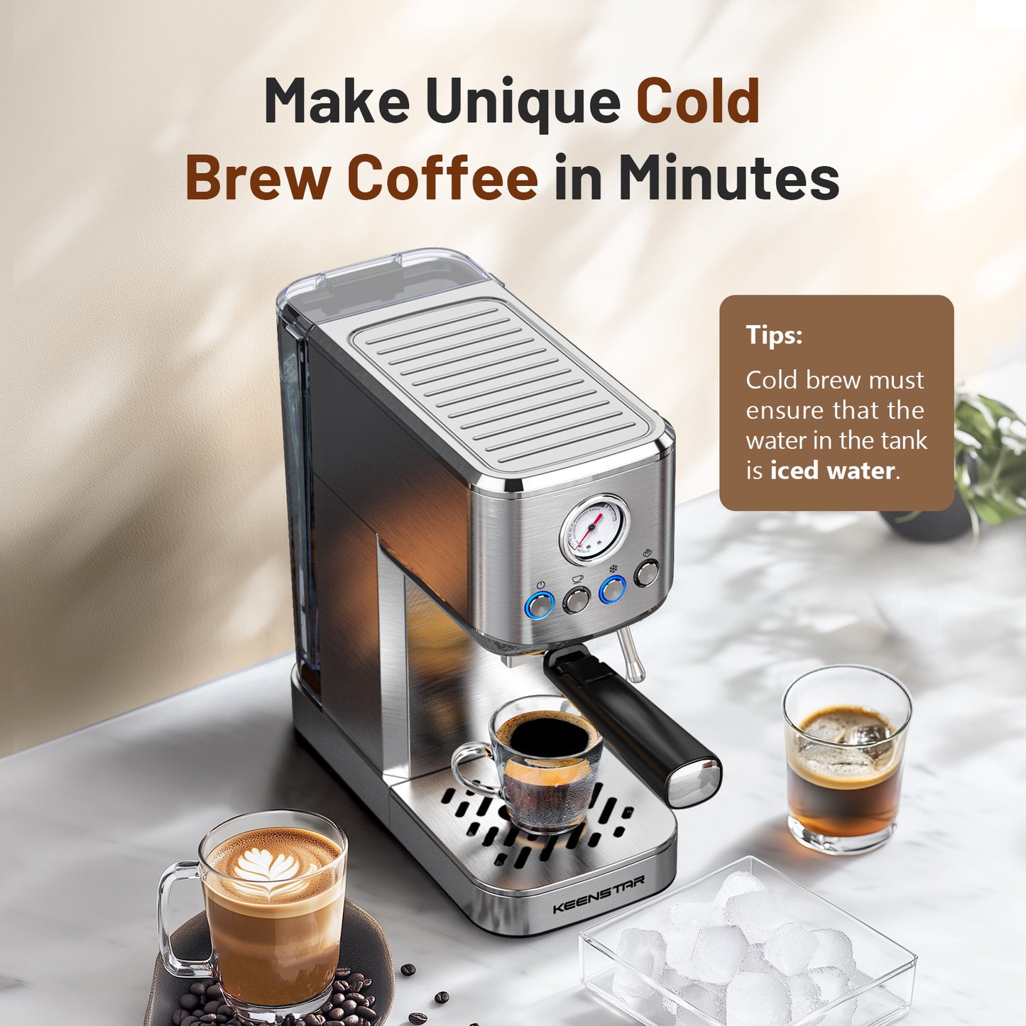 Espresso Machine 20 Bar, Cold Brew Espresso Maker with Milk Frother Steam Wand, Compact Stainless Steel Semi Automatic Espresso Coffee Machine for Cappuccino & Latte & Americano Maker