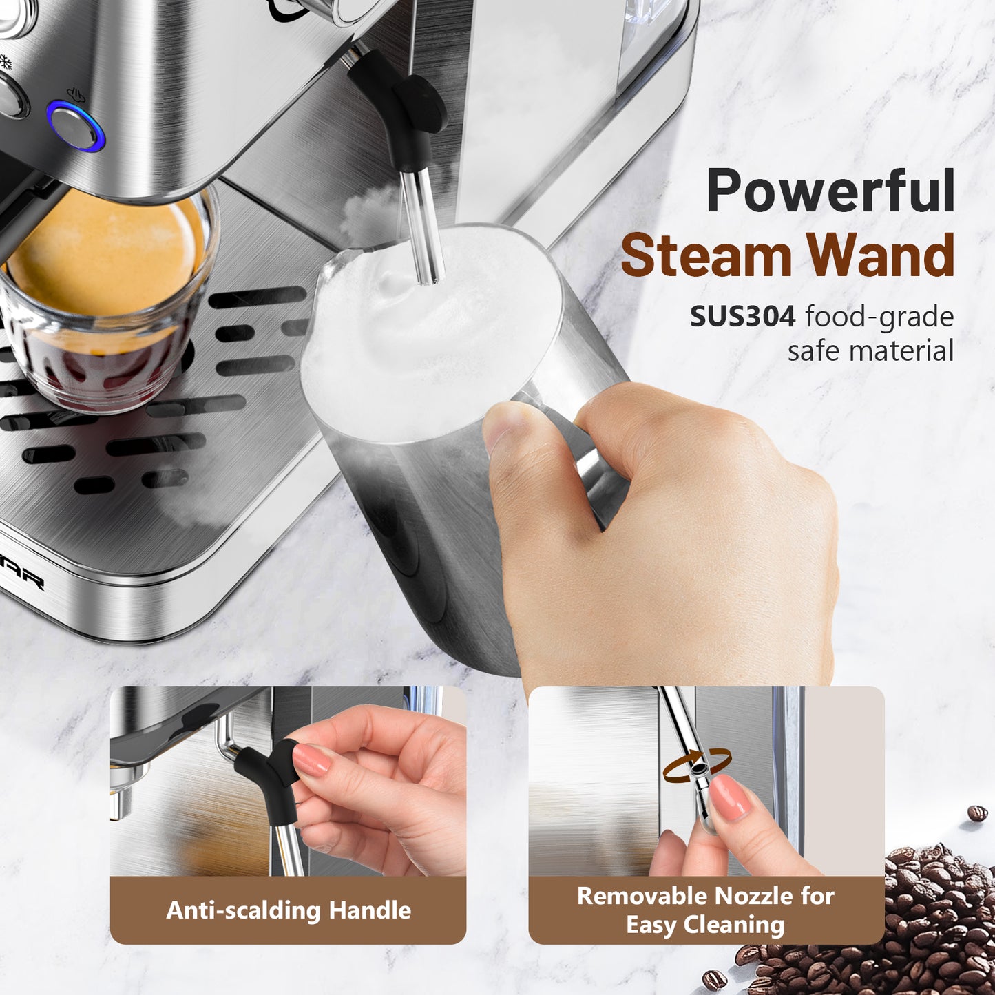 Espresso Machine 20 Bar, Cold Brew Espresso Maker with Milk Frother Steam Wand, Compact Stainless Steel Semi Automatic Espresso Coffee Machine for Cappuccino & Latte & Americano Maker