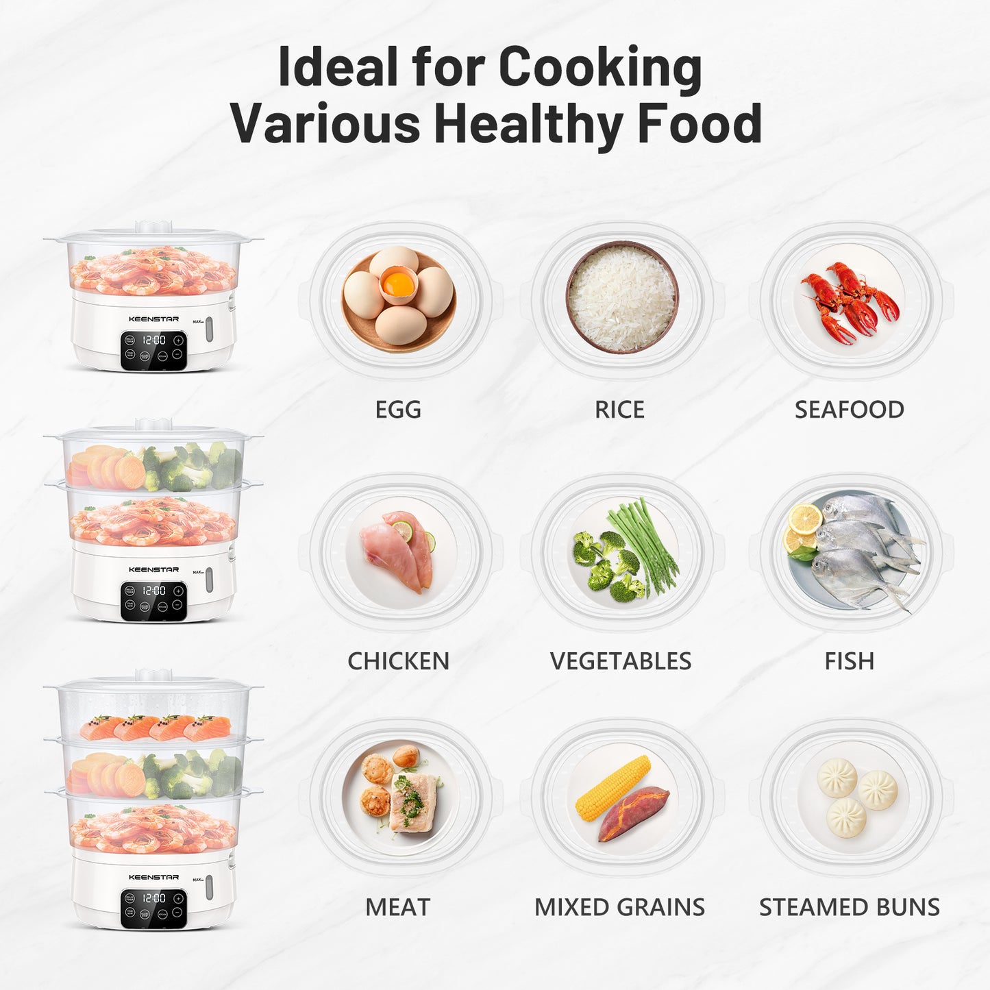 13.7QT Electric Food Steamer for Cooking, 3 Tiers BPA-Free Baskets Vegetable Steamer, Digital Steamer with Appointment