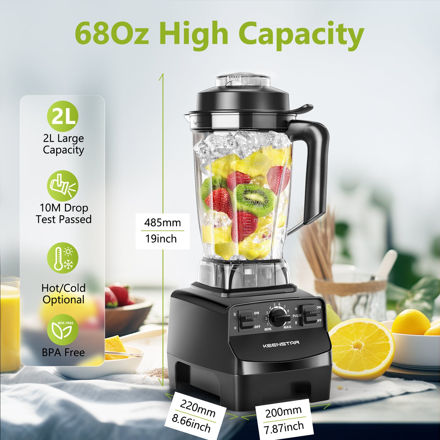 Blenders for Kitchen, Professional 1450W Countertop Blender for Crush Ice, 68Oz Blender for Smoothies, 10 Speed Control, BPA-Free Container, 8 Titanium Stainless Steel Blade for Frozen Fruit, Veggies