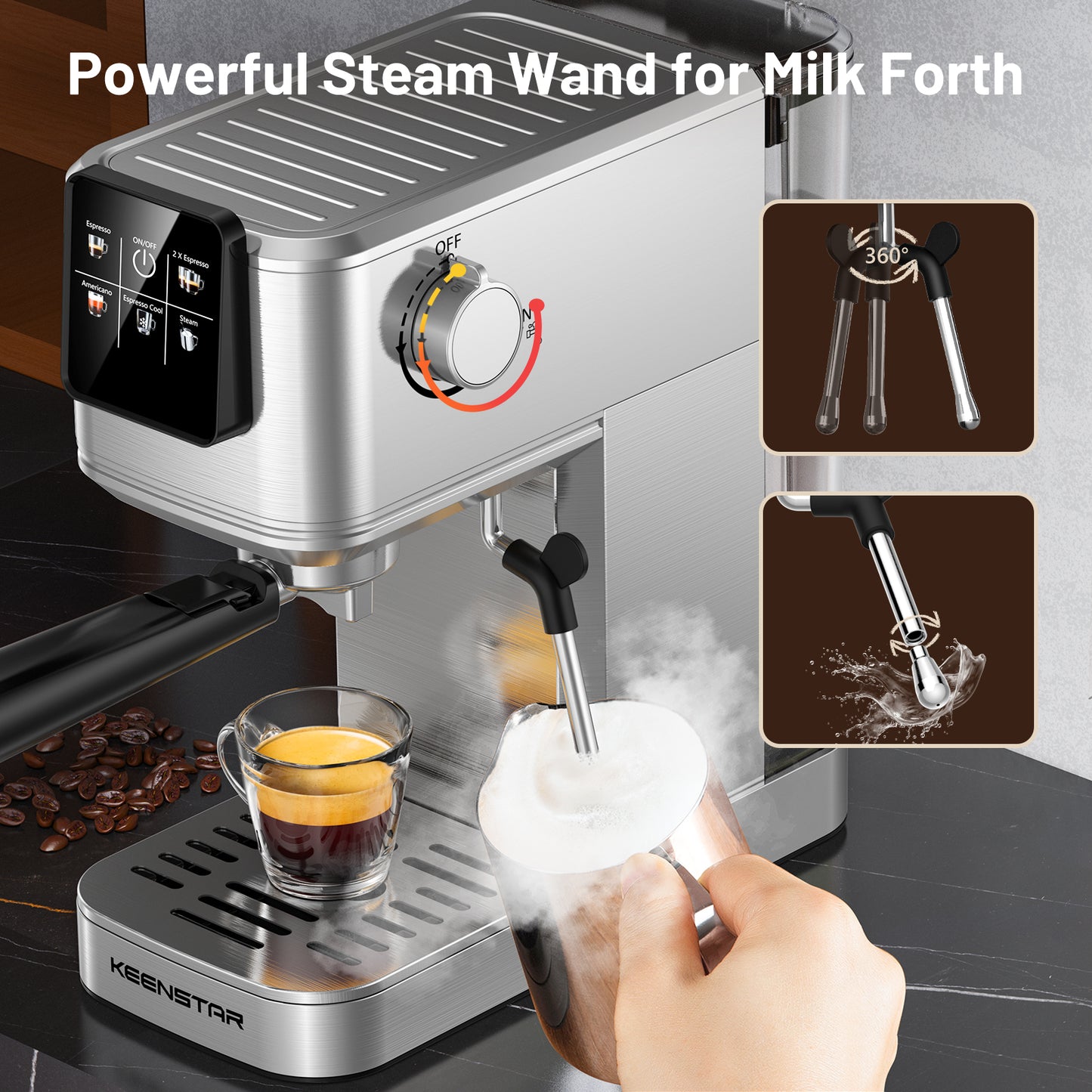 Espresso Coffee Machine with Milk Tank, 20Bar Hot & Iced Coffee Machine with Rapid Cold Brew, Touch Screen Espresso Maker with Steam Wand for Coffee Lover