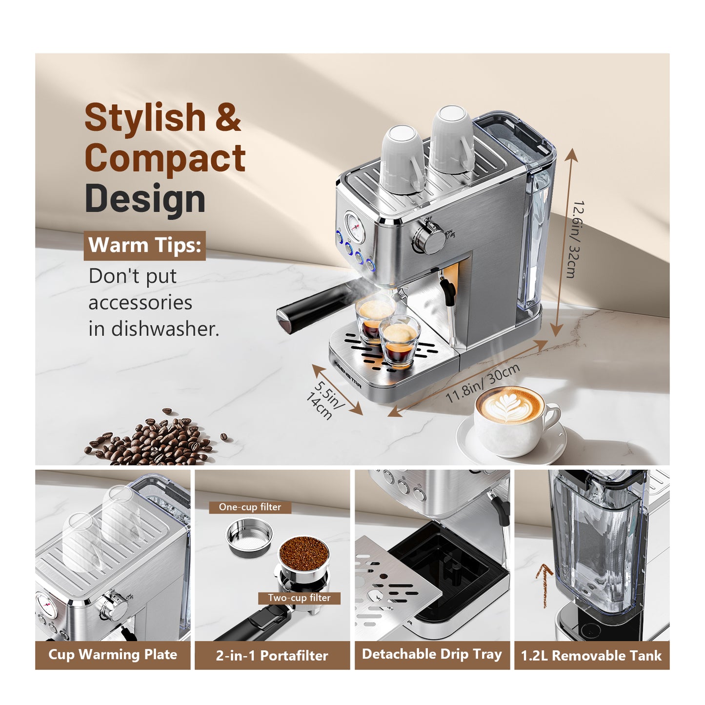 Espresso Machine 20 Bar, Cold Brew Espresso Maker with Milk Frother Steam Wand, Compact Stainless Steel Semi Automatic Espresso Coffee Machine for Cappuccino & Latte & Americano Maker