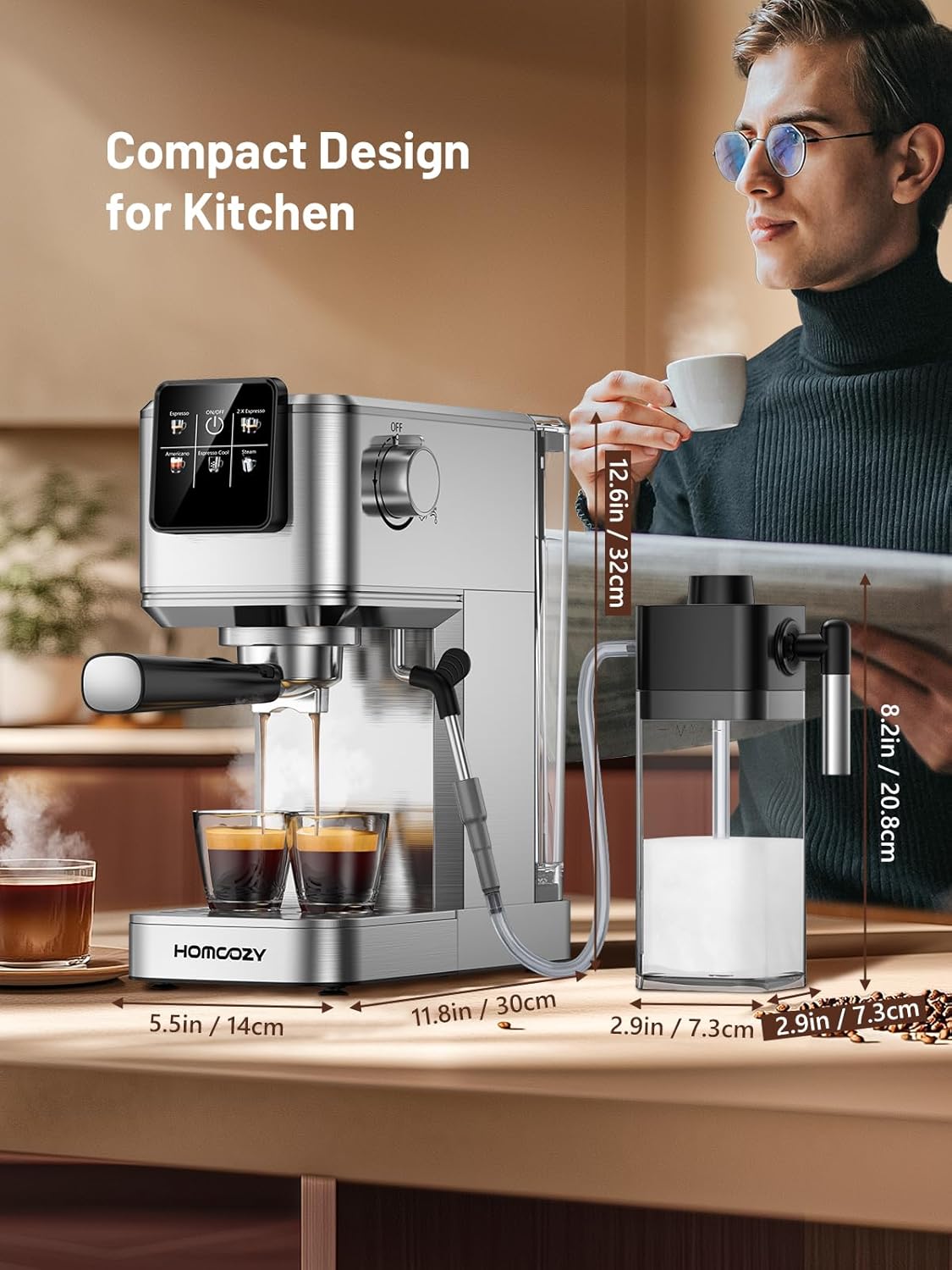 20 Bar Espresso Machine, Hot & Cold Brew Coffee Maker with Milk Frother, Touch Screen, Compact Water Tank, Expresso Coffee Machines for Lattes, Cappuccinos, Americano, Home & Office